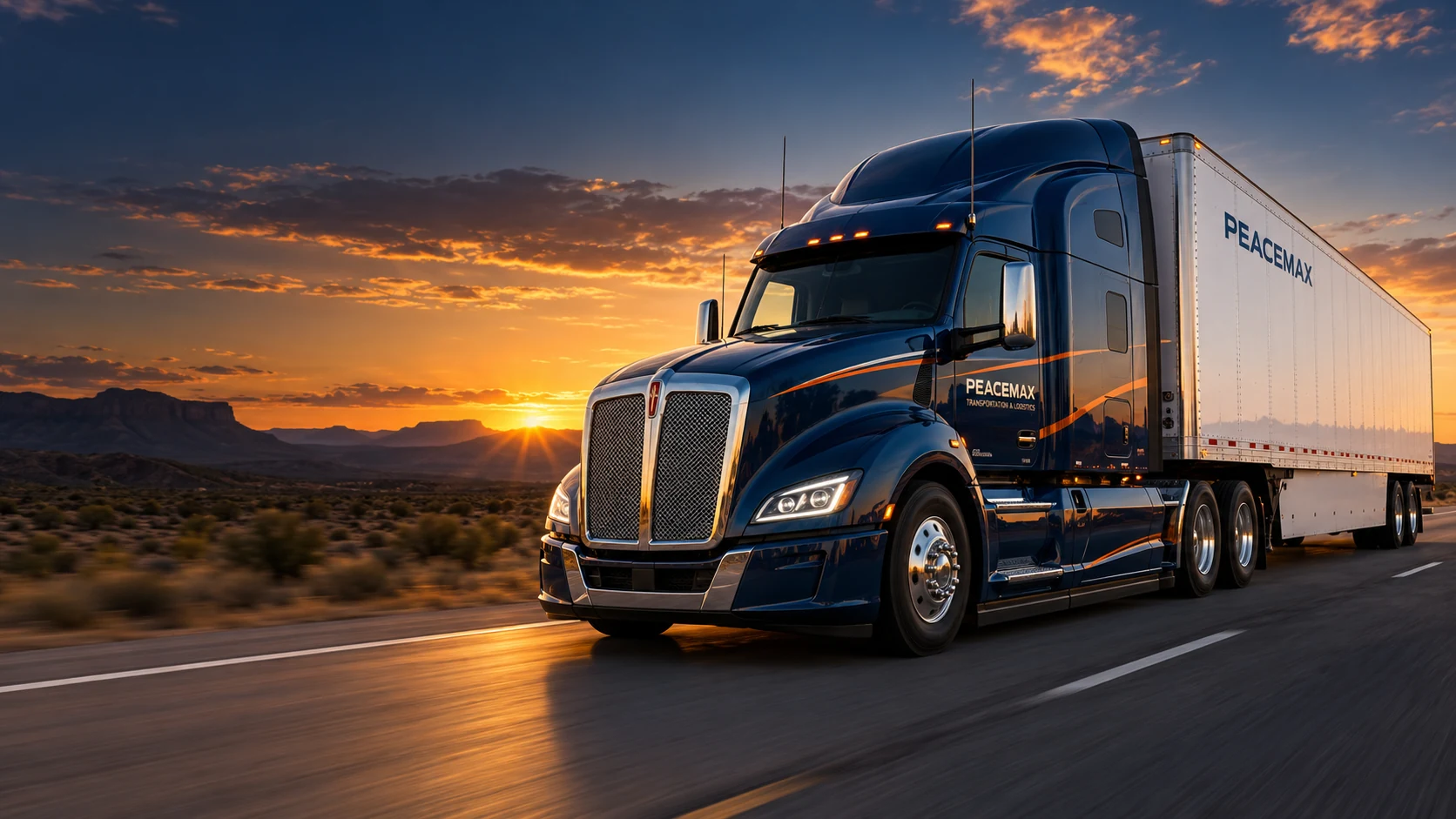 Concept of a navy PEACEMAX truck on an American highway
