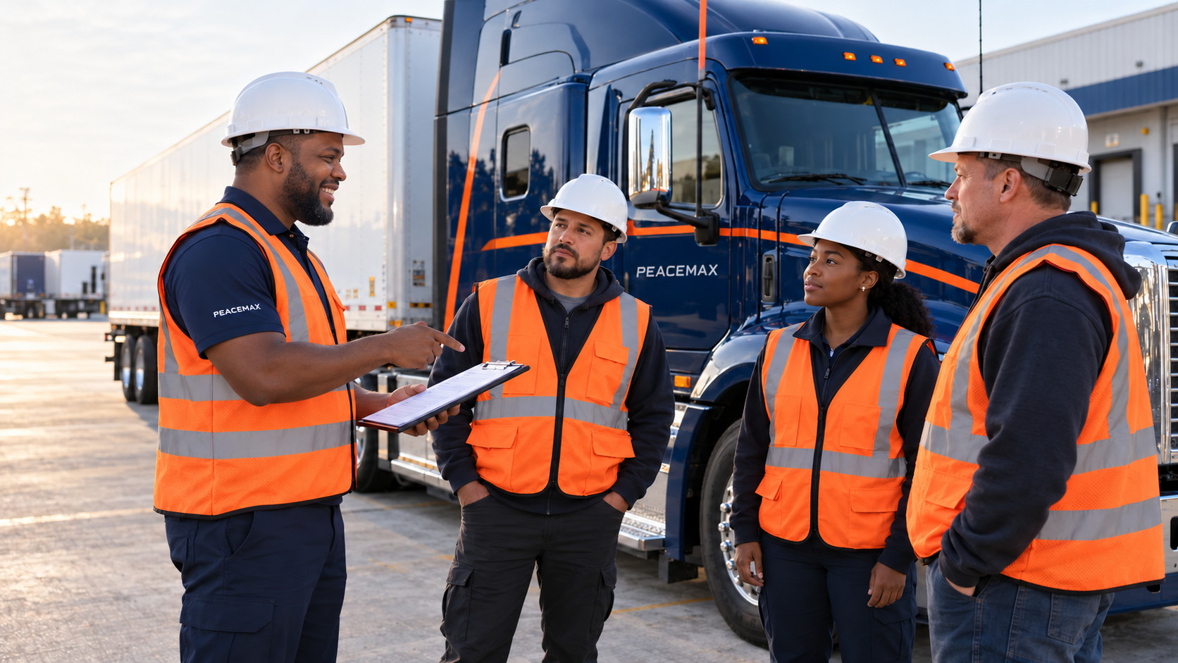 Illustrated executive and drivers at a safety meeting