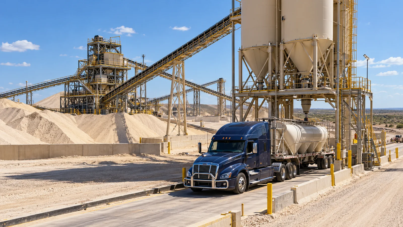 Conveyors, stockpiles, and truck loading at a conceptual sand facility.